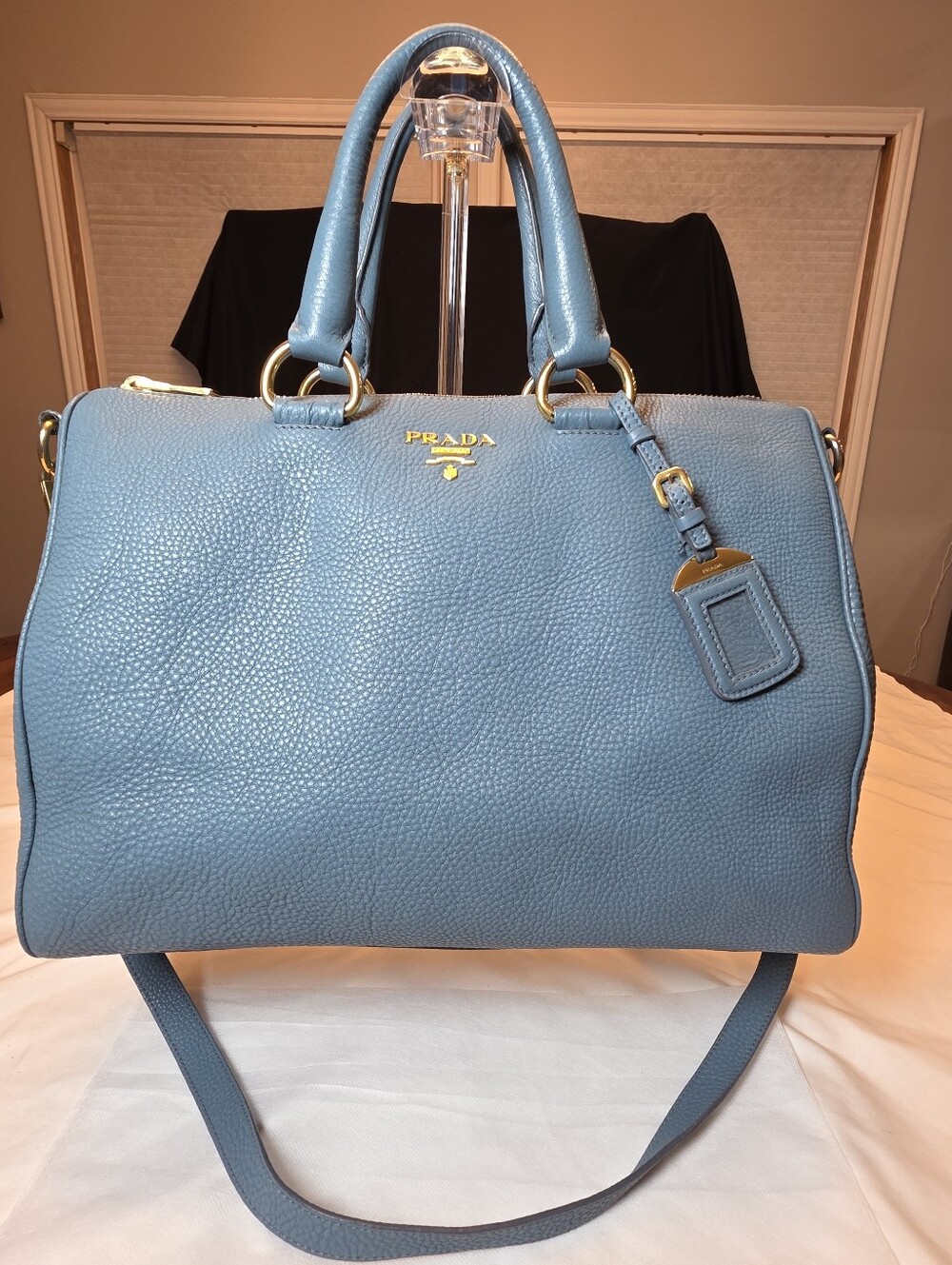 Authentic Prada Vitello Daino Soft Blue Pebbled Leather Top Handle Handbag w COA